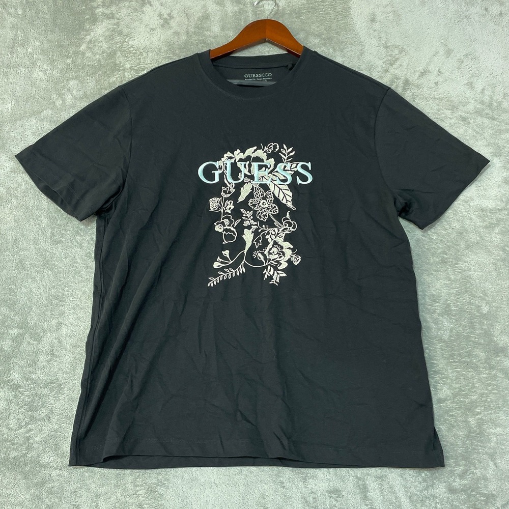 NWT GUESS T-Shirt Men's XL Black Cotton Floral Logo Graphic Tee